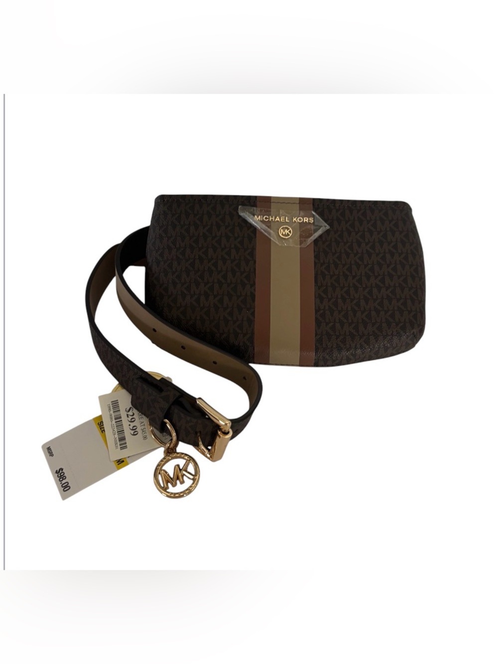 Michael Kors Brown Monogram Mini Belt Bag with Tan and Olive Stripe NWT